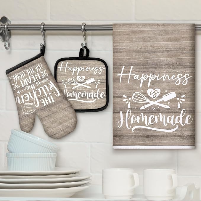 Sratte 6 Pcs Kitchen Decor Accessories Set, Kitchen, Brown Wood Grain | Farmhouse Kitchen Towels Pot Holders Oven Mitts Set 2 Dish Towels 2 Potholders 2 Cooking Mittens for Baking Cooking Supply