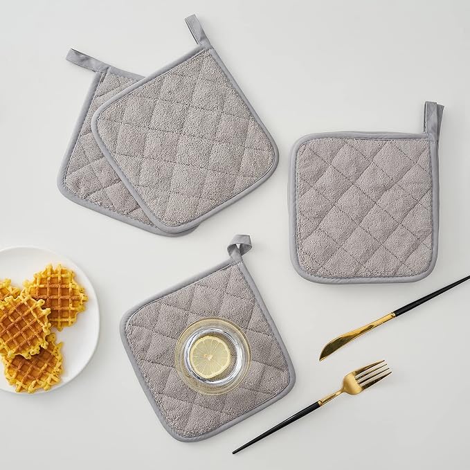 Kitchen Pot Holders Set Heat Resistant Pure Cotton Potholders Kit Trivets Large Coasters Hot Pads Terry Pot Holders for Everyday Cooking and Baking by 7 x 7 Inch Set of 4 Grey