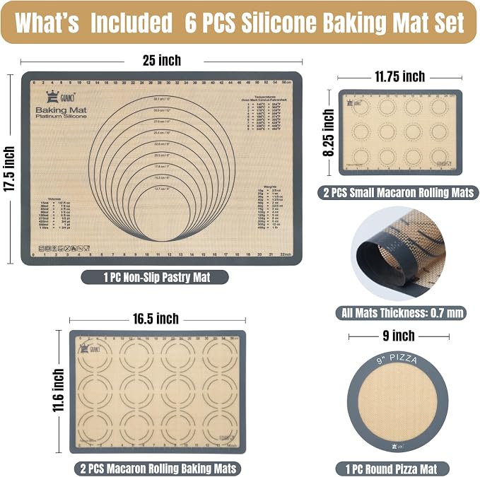 Silicone Baking Mat Set of 6, Includes 25"x17.5" Large, 2 Medium 16.5"x11.6", 2 Small 11.75"x8.25", 9" Round, All Mats 0.70mm Thick, Non-Stick Reusable Baking Mats for Pizza, Cookie, Bread