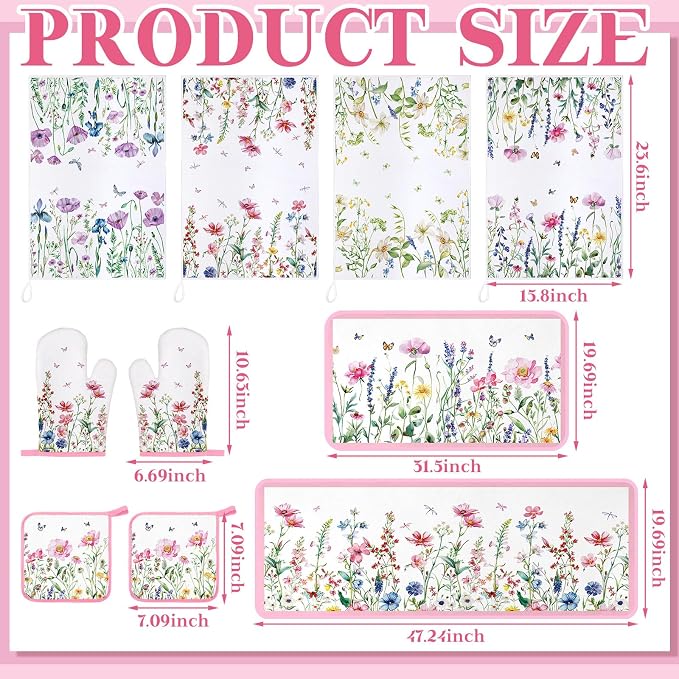 Fourluoo 10 Pcs Wildflower Kitchen Dish Towels Rugs Oven Mitts and Pot Holders Set Farmhouse Kitchen Decor Set for Women Mom Daughter Gift Cooking Baking Grilling (Pastel Pink White)