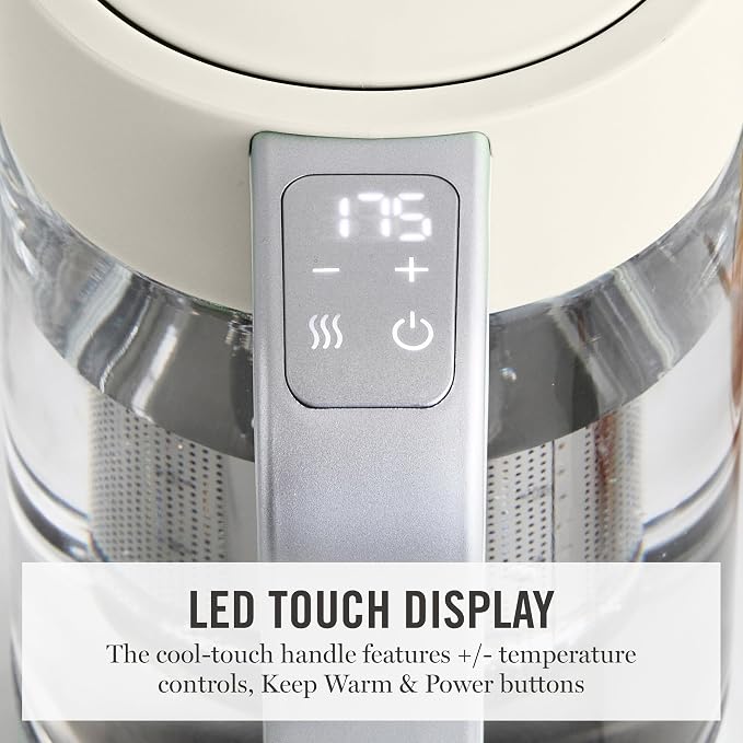 Martha Stewart 1.7L Glass Carafe Electric Kettle with Removable Tea Infuser | 7 Cups, 4 Presets, Rapid Boiling, Stainless Steel Tea Leaf Infuser, Cordless Swivel Base, Keep Warm, Auto Shut-Off, Linen