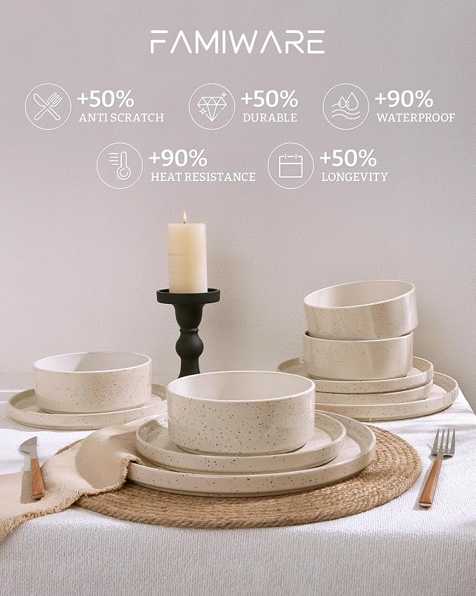 Famiware Nebula 18-Piece Stoneware Dinnerware Set, Creamy White | Plates and Bowls with Reactive Glaze and Colorful Speckles, Chip & Scratch Resistant, Microwave & Dishwasher Safe