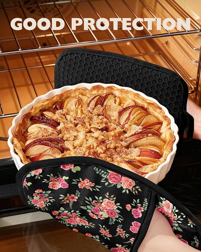 100% Cotton Pot Holders Textured Soft Silicone Grip Pink Rose | Stylish Pot Holders 2pcs, Machine Washable Non-Slip Heat Resistant Hot Pads & Oven Mitts 2-in-1, Practical Kitchen Decor