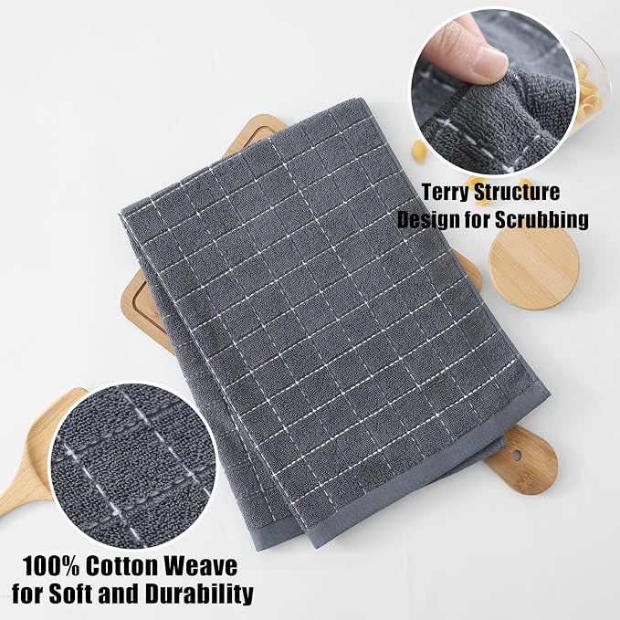 Homaxy 100% Cotton Terry Kitchen Towels, Large 4 Pack, Dark Grey | Ultra Soft and Absorbent Dish Towels for Kitchen, Suitable for Drying and Washing Dishes