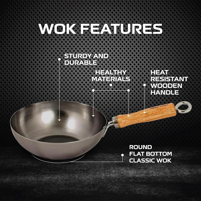 Helen's Asian Kitchen Carbon Steel Mini Wok, 8-Inch, Flat Bottom Chinese Stir Fry Pan With Rubberwood Handle For Single-Serve Stir Fry, Fried Rice, Noodles, And Asian Cooking