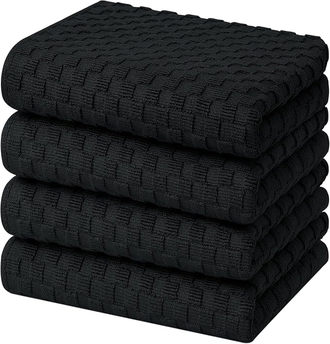 Homaxy 100% Cotton Terry Kitchen Towels(15" x 25", 4 Pack), Black | Soft and Super Absorbent Dish Towels, 380 GSM Reusable Tea Towel with Hanging Loop, Pineapple Grid Designed