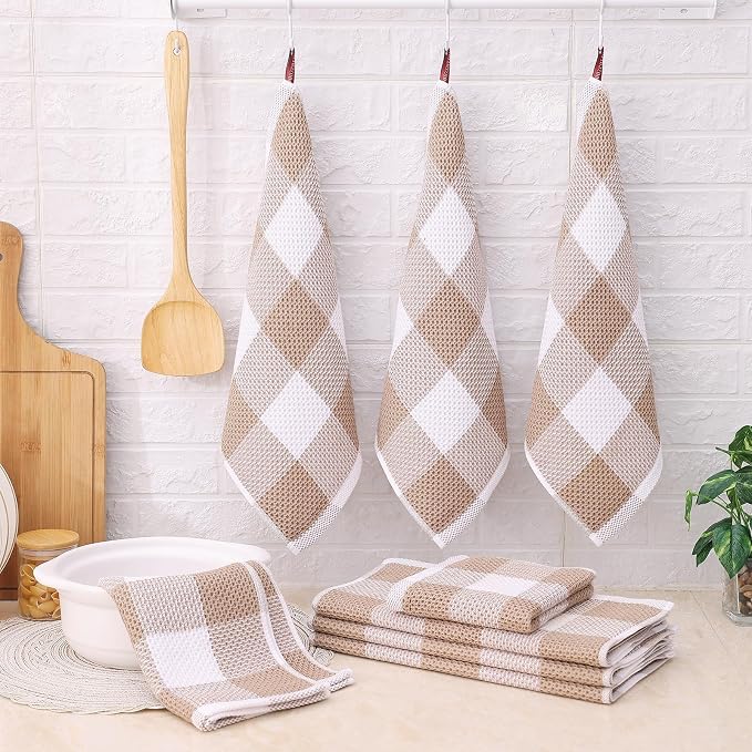 Homaxy Kitchen Towels and Dishcloths Set, Set of 12, White & Khaki | Bulk Cotton Waffle Weave Check Plaid Kitchen Towels, Super Soft and Absorbent Dish Cloths, 12 x 12 and 13 x 28 Inches