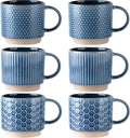 GBhome 12 OZ Stackable Coffee Mugs Set of 6, Ceramic Coffee Cups Set | 3 Assorted Designs, Embossed Mugs with Texture Patterns for Tea/Latte/Cappuccino, Dishwasher&Microwave Safe
