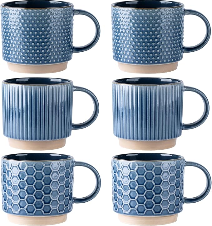 GBhome 12 OZ Stackable Coffee Mugs Set of 6, Ceramic Coffee Cups Set | 3 Assorted Designs, Embossed Mugs with Texture Patterns for Tea/Latte/Cappuccino, Dishwasher&Microwave Safe