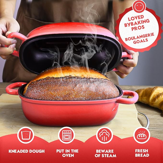 Dutch Oven 9x6 Inch，2.5QT Cast Iron Bread Pans for Bread Baking | Loaf Pan with Lid, loop handles，for Homemade Breadmaking，induction cooktop，oven safe，cooking stews & meats，Red