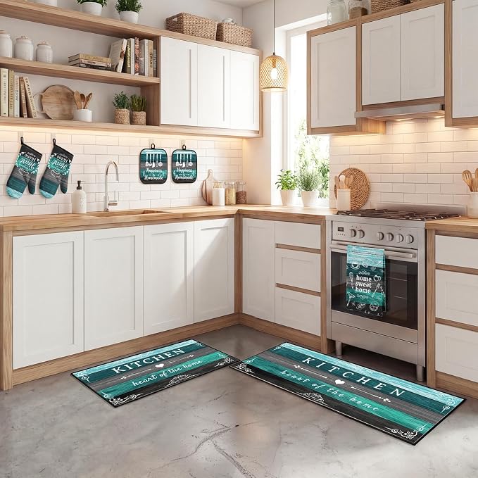 10 Pcs Kitchen Decor and Accessories Set, Teal Turquoise | 4 Dish Towels Kitchen Rugs 2 Oven Mitts 2 Pot Holders, Home Decor for Cooking Baking BBQ Gifts Women Mom Housewarming