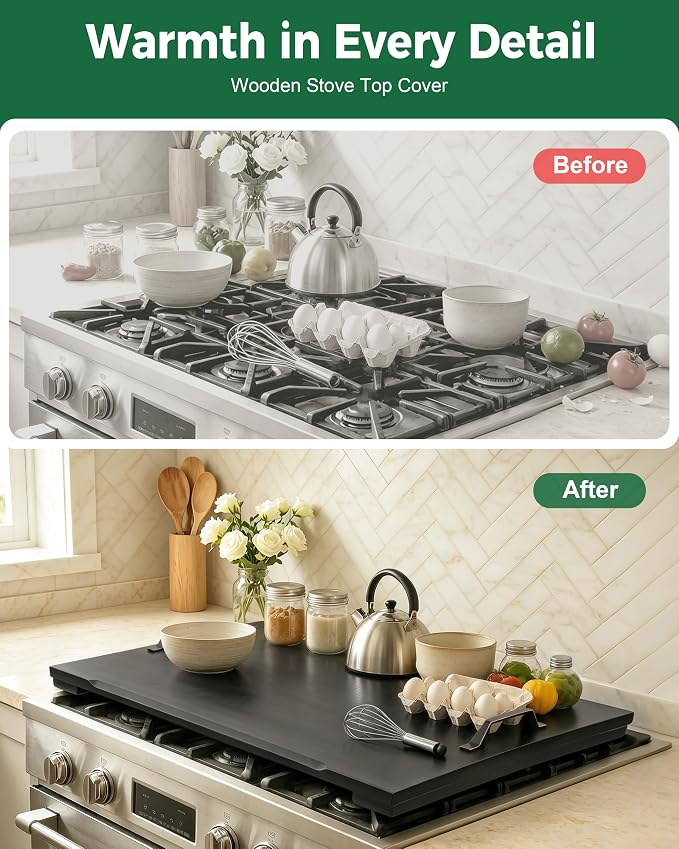 Gaialoop Noodle Board Stove Cover for Gas Stove with Handles, Black Acacia | Black Acacia wood stovetop cover adds counter space, hides stains, elevates your kitchen, and protects most 30" gas stoves