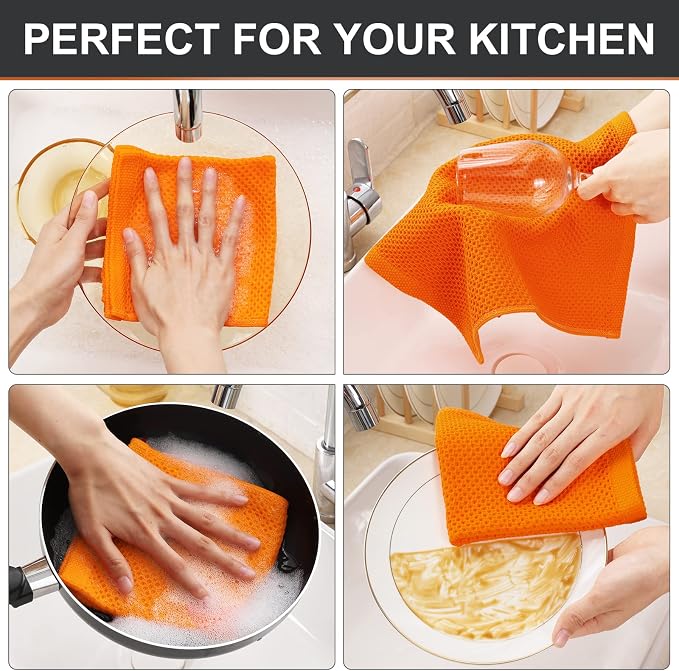 Kitinjoy 100% Cotton Waffle 6-Pack Kitchen Towels, 12" x 12", Orange | Ultra Absorbent, Super Soft, lightweight, Quick Drying Dish Rags for Washing Dishes
