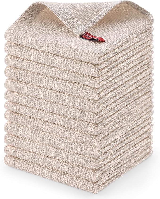 Homaxy 100% Cotton Waffle Weave Dish Cloths, 12 Pack, Beige | Soft and Absorbent Dish Towels, 12 x 12 Inches Quick Dry Dish Rags