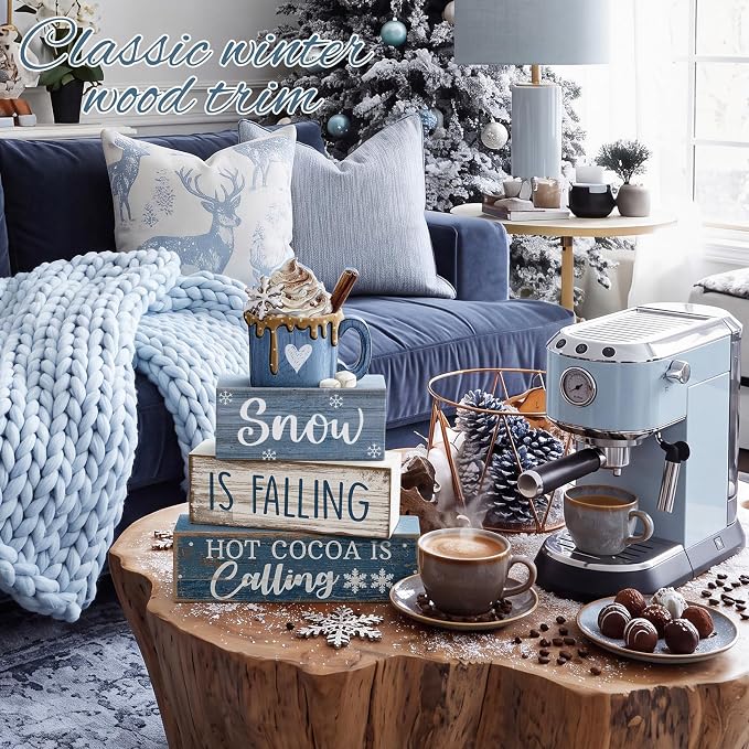 Lineshading 4 Pcs Wooden Block Signs Tiered Tray Decor Farmhouse Coffee Mug | Rustic Home Tabletop Shelf Accent, Stackable Coffee Quote Blocks with Ghost Mug Piece, Farmhouse Seasonal Kitchen Gift