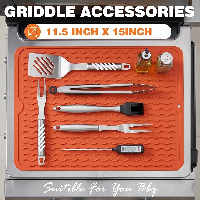 2 Pack Caketime Silicone Grill Mats Compatible with All Griddle Types Flat Top Accessories Kitchen Countertop Outdoor Patio Tools Summer Camping Lawn Gadgets Father Dad Chef Men Gifts(Orange)