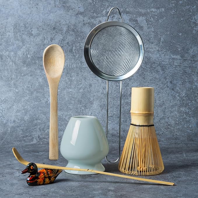 Matcha Whisk Set, Matcha Making Kit Whisk (Chasen Holder), Ceramic Whisk Holder (Light Blue), Bamboo Scoop, Powder Starter Sifter, Spoon Japanese Tea Tools For Ceremony Gift