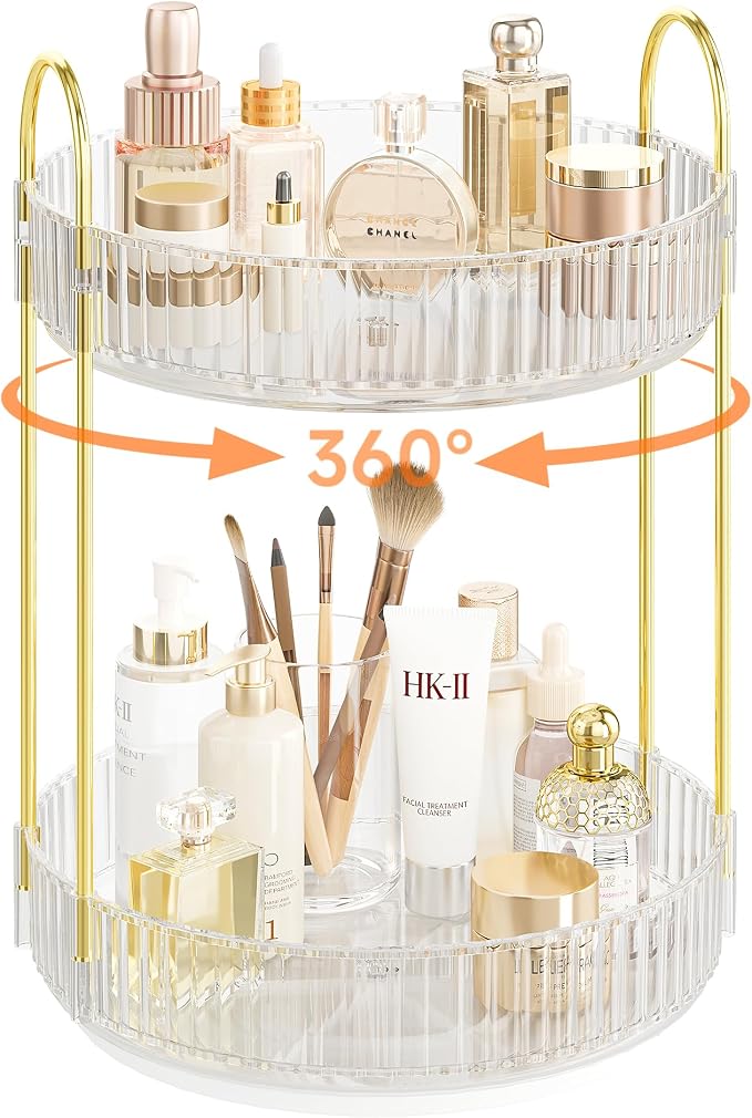 Rotating Makeup Organizer Countertop, Skincare Organizers | Spinning Perfume Tray Stand, Makeup Storage Organizer for Vanity, Bathroom Organizer and Storage, Lazy Susan, 2 Tier, Clear