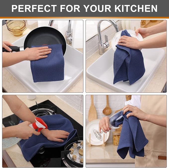 Kitinjoy 100% Cotton Waffle 4-Pack Kitchen Towels, 13" x 28", Navy Blue | Super Soft, Ultra-Absorbent, Fast Drying, lightweight, Quick Drying Kitchen Hand Towels