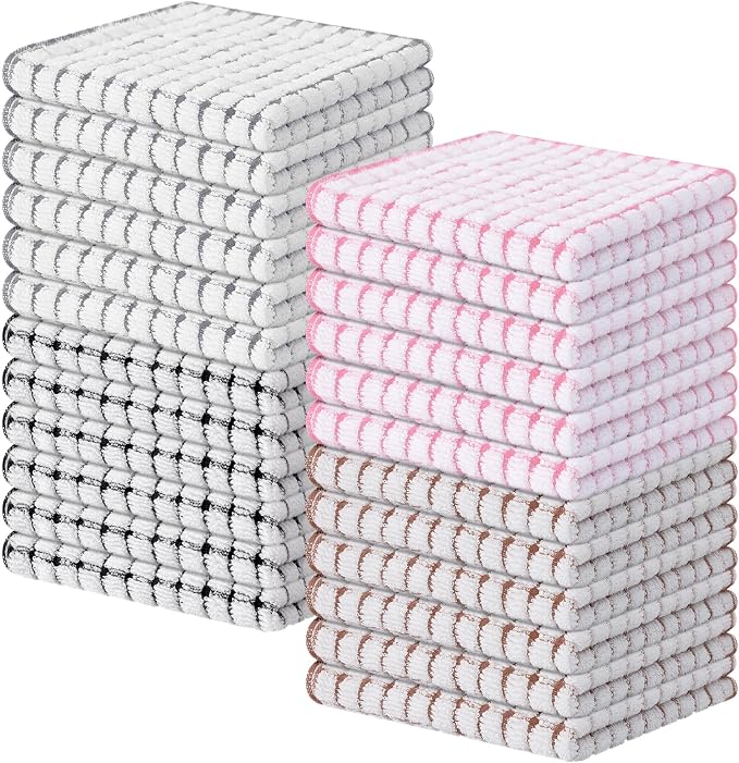 Kitinjoy Cotton 24 Pack Terry Kitchen Dish Cloths, Mix Color | 12 x 12 Inches Super Soft and Absorbent Dish Rags, Quick Drying Dish towels for Washing Dishes