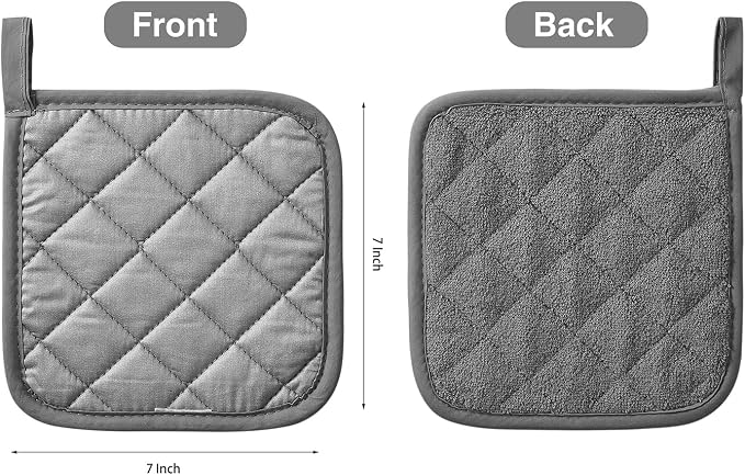 Kitchen Pot Holders Set Heat Resistant Pure Cotton Potholders Kit Trivets Large Coasters Hot Pads Terry Pot Holders for Everyday Cooking and Baking by 7 x 7 Inch Set of 4 Dark Grey