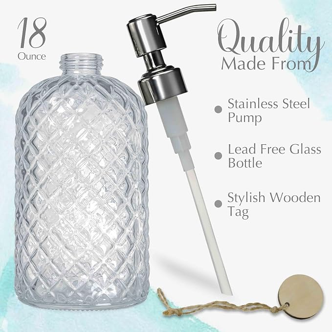 JASAI 18Oz Gem Patterned Clear Glass Soap Dispenser with Rust Proof Pump | Refillable Hand soap Dispenser for Kitchen, Premium Bathroom Soap Dispenser for Dish Soap, Hand soap, Lotion(Clear)