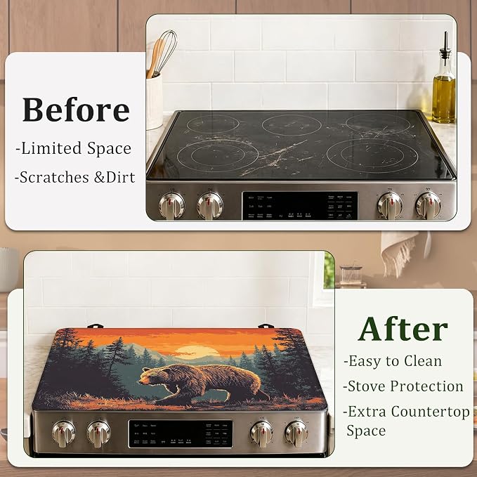 Bear Mountain Sunset Stove Top Covers for Electric Stove,Electric Gas Stove Pad Heat Resistant Range Cooktop Protector for Home Decor Kitchen 28.5"x20.5"