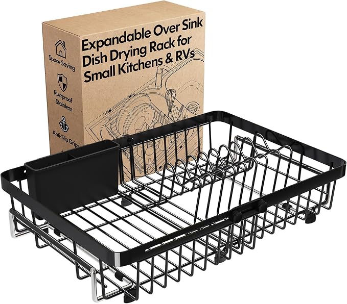 Dish Drying Rack Over The Sink with Utensil Holder | Expandable Stainless Steel Dish Drainer for Small Kitchen, Apartment, RV, Counter Space Saving, Perfect Fit, Rustproof