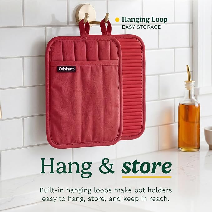 Cuisinart Silicone Pot Holders, Set of 2 7"x9", Heat Resistant 500F | Non-slip grip back is waterproof, hand pocket for secure hold, doubles as a trivet, wipe clean, hanging loop