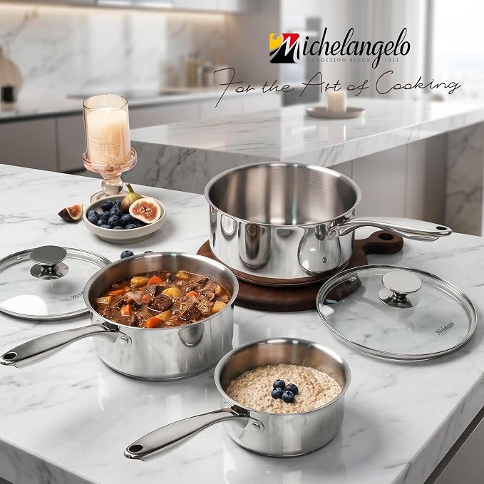 MICHELANGELO Stainless Steel Saucepan Set with Lids 1QT & 2QT & 3QT, Stainless Steel Sauce Pot Set 6pcs, Induction Saucepans, Nonstick Sauce Pan Set, Dishwasher Safe