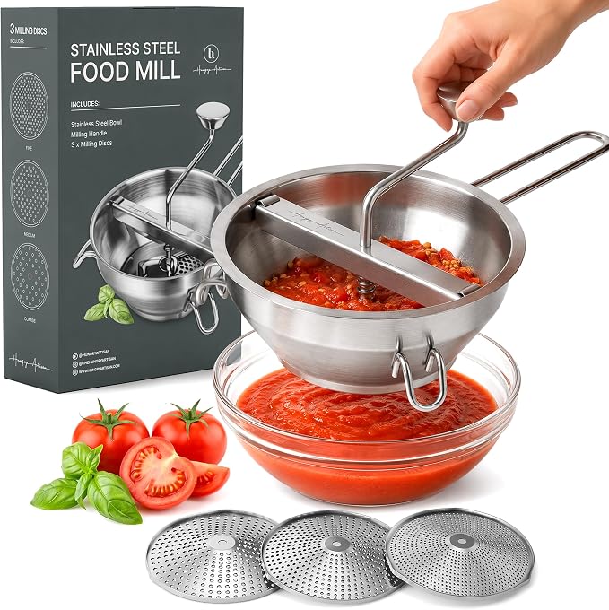 Hungry Artisan Stainless Steel Food Mill for Tomato Sauce & Canning | 3 interchangeable discs, ergonomic rotary hand crank; for applesauce, baby food, mashed potatoes & purees