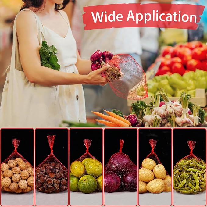 100Pcs Reusable Mesh Produce Bags, 16 Inch Stretchable Mesh Vegetable Bags for Vegetables Onion Potato Storage Fruits Seafood (100Pcs-red)