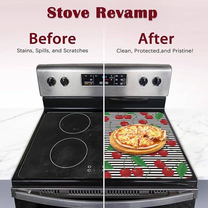 Stove Top Cover for Electric, Glass Ceramic Cherry Stripes Stove Cover, Heat Resistant Flat Stovetop Protector, Dish Drying Mats for Kitchen
