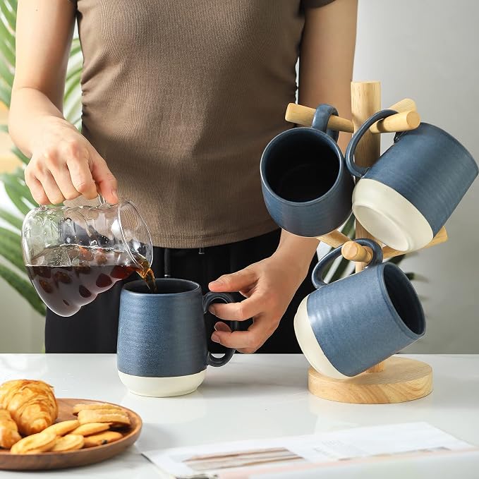 HASENSE Ceramic Large Coffee Mugs Set of 4-15 Ounce Porcelain Coffee Cups Set with Handle Perfect for Tea, Cocoa, Latte, Milk and Cappuccino, Modern Tea Cups Set for Man and Woman, Dark Blue