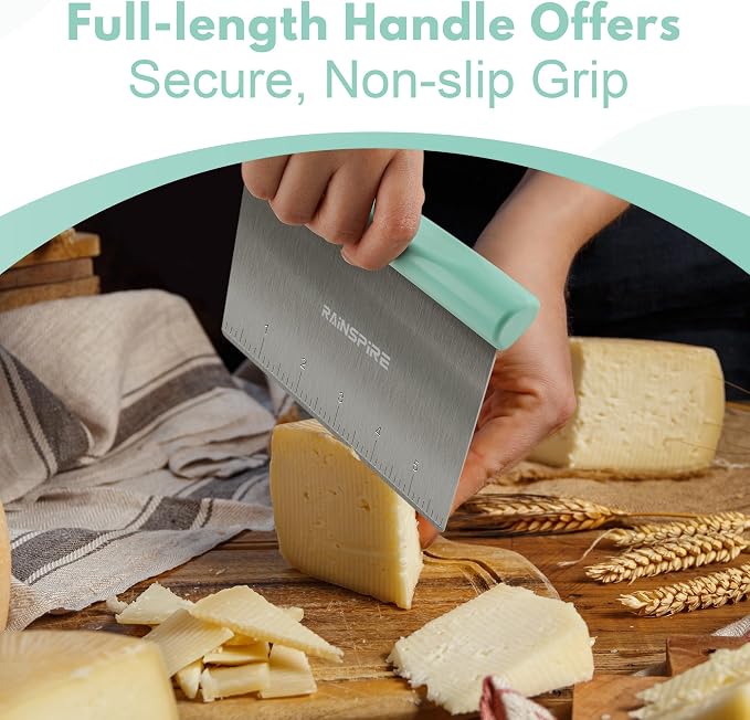 Upgraded 304 Stainless Steel Multi-Purpose Bench Scraper with Measurement Marks, Dishwasher Safe, Dough Cutter for Pizza, Bread and Cookie Dough Vegetable Chopper, Baking Supplies, Mint Green