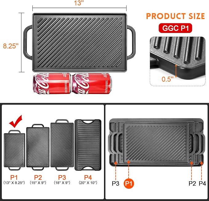 GGC Cast Iron Reversible Griddle | Double Sided Griddle Pan Perfect for Gas Grills and Stove Tops, 13 x 8.25 Rectangular Baking Flat and Ribbed Griddle Plate