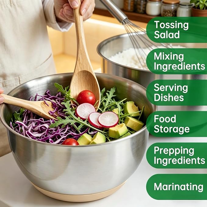Deedro Mixing Bowls with Airtight Lids, 22Pcs Stainless Steel Mixing Bowls Set, Nesting Bowls with Non-Slip Silicone Base, thicker Metal Bowls for Baking & Prepping, 1.5/2/3/4/5 QT, Khaki