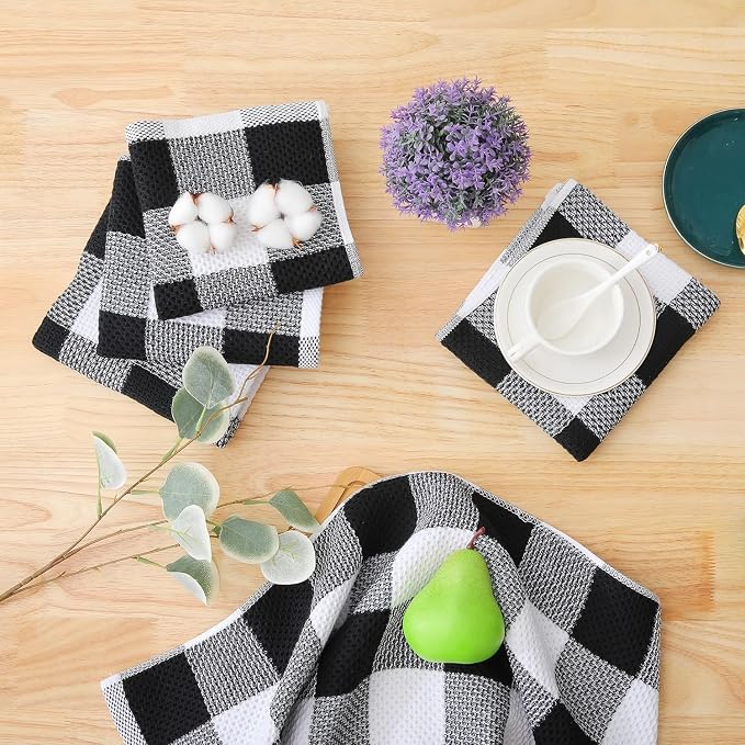 Homaxy Kitchen Towels and Dishcloths Set, Set of 16, White & Black | Bulk Cotton Waffle Weave Check Plaid Kitchen Towels, Super Soft and Absorbent Dish Cloths, 12 x 12 and 13 x 28 Inches