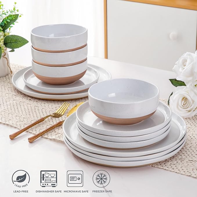 AmorArc Dinnerware Sets for 6, 18 Pieces Ceramic Plates and Bowls Set | Scratch Resistant Stoneware Dishes Set, Dishwasher & Microwave Safe,White