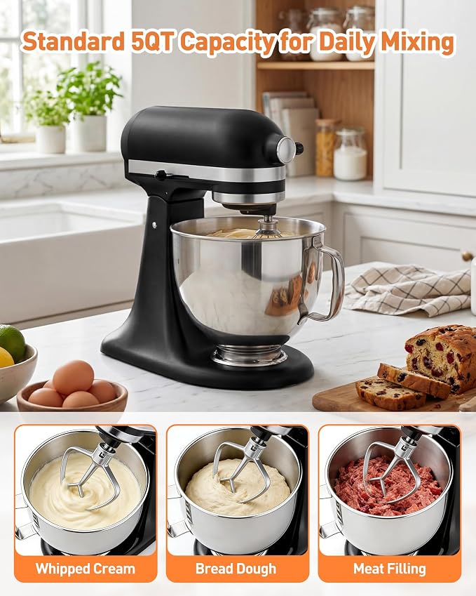 5 QT Food Grade Stainless Steel Mixing Bowl Compatible with KitchenAid | Tilt-Head Stand Mixer 4.5-5 Quart, Replacement Kitchen Aid Bowl with Handle & Clasp, Dishwasher Safe