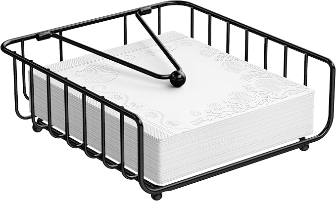 Napkin Holder for Table with Weighted Arm, Dinner Metal Flat Napkin Holders for Paper Napkins, Outdoor Napkin Dispenser Restaurant (Black)