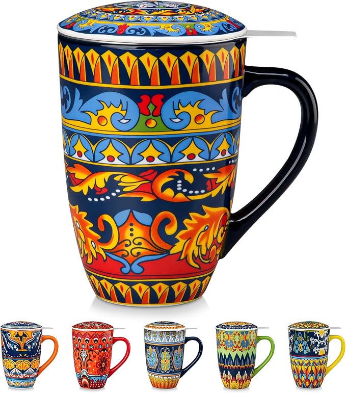 vancasso 18 Oz Tea Infuser Mug with Lid, Midnight Peacock | Eye-Catching Bohemian Pattern, Adds Charm to Any Tea Corner, Ceramic Mug with Infuser, Microwave and Dishwasher Safe