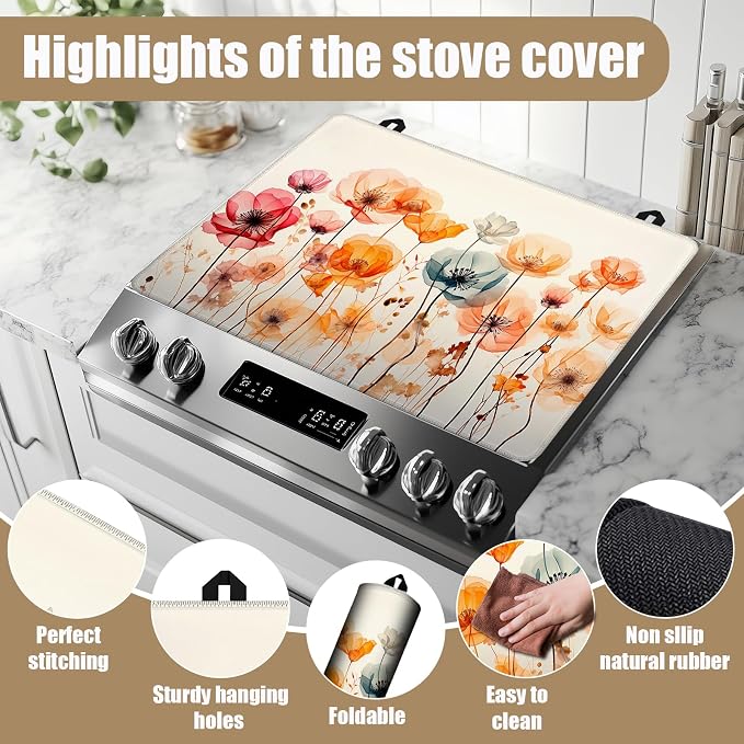 Colorful Poppy Floral Stove Top Covers for Electric Stove, Electric Gas Stove Pad Heat Resistant Range Cooktop Protector for Home Decor Kitchen 28"x20"
