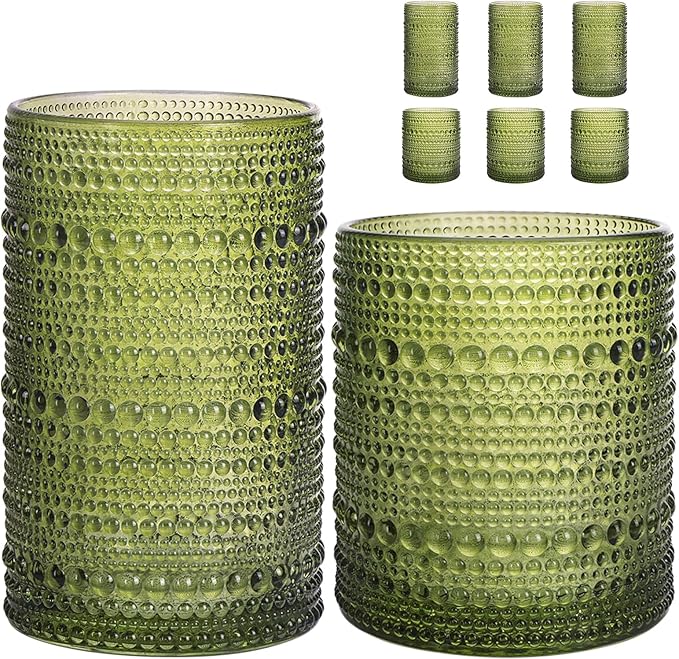 Moretoes Green Hobnail Drinking Glasses Set of 6,Glass Cups | 12 Oz Highball Glasses & 10 Oz Cocktail Glasses, Kitchen Bar Tumbler Glassware Set for Whiskey, Beer, Juice, Milk