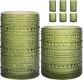 Moretoes Green Hobnail Drinking Glasses Set of 6,Glass Cups | 12 Oz Highball Glasses & 10 Oz Cocktail Glasses, Kitchen Bar Tumbler Glassware Set for Whiskey, Beer, Juice, Milk
