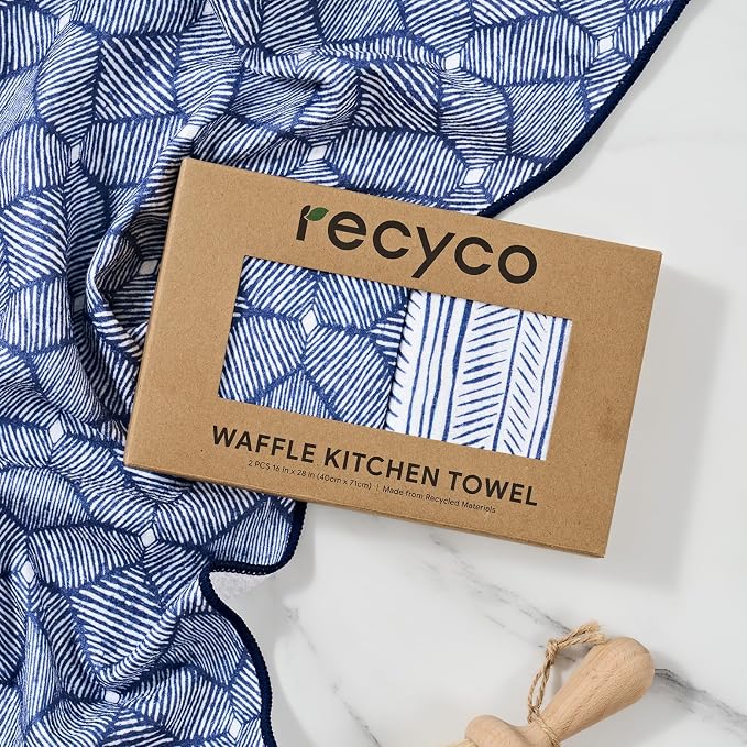 RECYCO Waffle Kitchen Towel Set of 2 - Quick Dry Microfiber Sustainable Dish Towels - Ultra Absorbent Reusable Cleaning Tea Towels - Lightweight Hand Towels,16”x 28”, Indigo Harmony