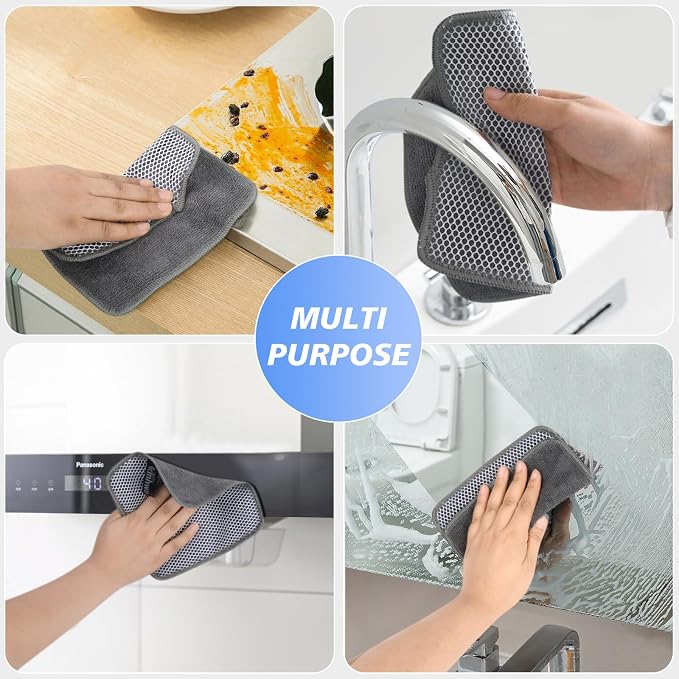 Dish Cloths for Washing Dishes with Scrub Side, Microfiber Dish Rags | Dual-sided microfiber dish cloths with scrubber for stuck-on food, quick dry kitchen washcloths 9 Pack, 7" x 7 Inch Gray
