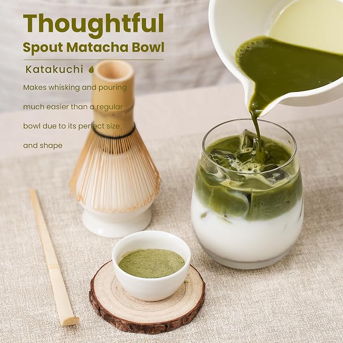 Matcha Whisk Set, Ceramic Bowl Matcha Kit & Handcrafted Bamboo Chasen, Complete 5 Pcs Matcha Set Whisk and Bowl, Stainless Steel Sifter, Bamboo Scoop & Holder for Matcha Lovers