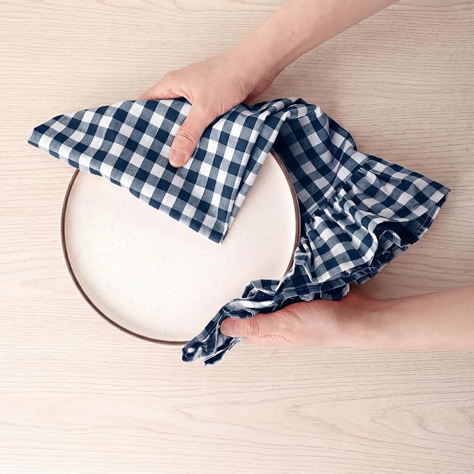 HunnmingRe 2 Pcs Navy Blue Gingham Kitchen Towels Cotton Ruffled | Checked Dish Towels 18"x28" Tea Cloths Plaid Cottage Core Kitchen Decor for Farmhouse Charm Drying Dishes Entertaining Guests