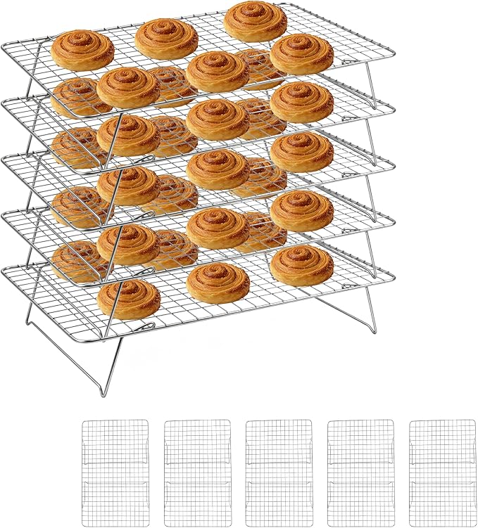 Cooling Rack 16"x10", 5-Tier Stackable & Collapsible Cooling Racks | Cooling Racks for Cooking and Baking, Roasting, Grilling, Oven & Dishwasher Safe (Silver, 5-Tier)